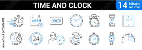 Modern time and clock icon set. Outline Icon collection. timer related icons Vector illustration. Editable stroke