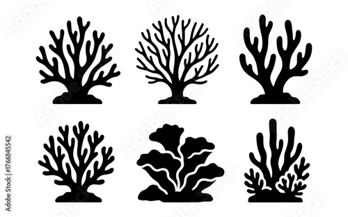 Silhouette coral set: diverse marine plant collection in black silhouettes