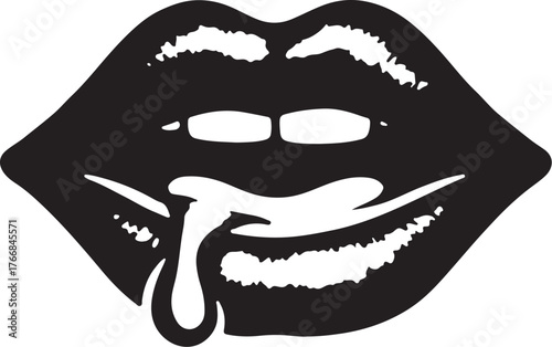 Black and white graphic of open mouth with dripping saliva
