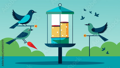 A feeder that can be programmed to dispense feed at specific intervals allowing birds to have access to food throughout the day.. Vector illustration