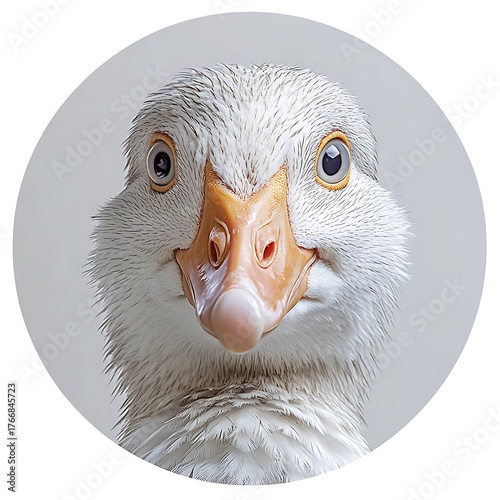 Close up portrait of a photo white goose with orange beak and bright eyes bird waterfowl