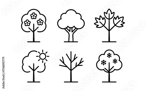 Minimalistic outline trees representing seasonal changes in nature