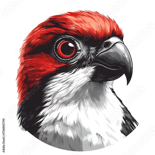 Close up portrait of a red and black bird head with detailed eye Keywords: bird, head, photo