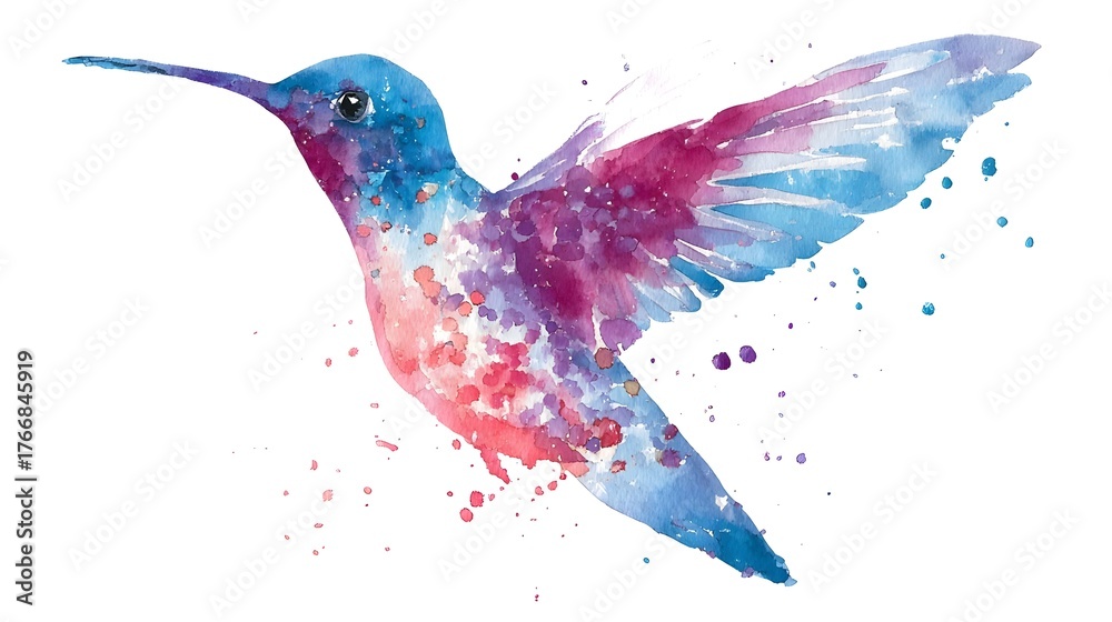 Obraz premium Flying hummingbird logo with soft watercolor style and clean outline. Concept: freedom, creativity, elegance, positive energy — used for art, beauty, wellness, handmade, and creative brands.