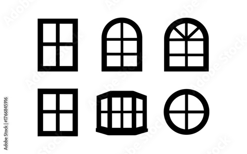 Collection of various window designs in black silhouette style for architectural inspiration