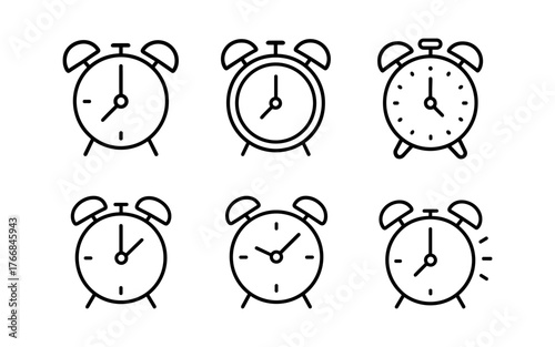 Minimalist black and white alarm clock icons collection in linear style