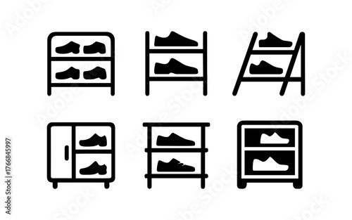 Minimalist shoe rack icons set featuring various styles and designs