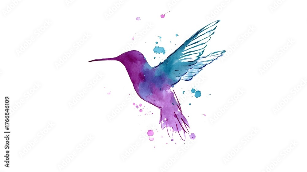 Obraz premium Flying hummingbird logo with soft watercolor style and clean outline. Concept: freedom, creativity, elegance, positive energy — used for art, beauty, wellness, handmade, and creative brands.