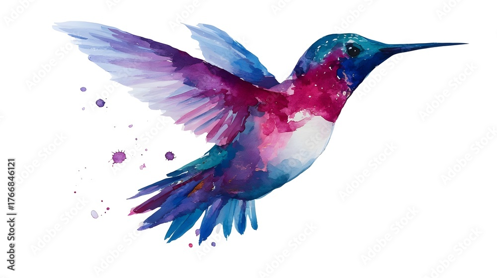 Obraz premium Flying hummingbird logo with soft watercolor style and clean outline. Concept: freedom, creativity, elegance, positive energy — used for art, beauty, wellness, handmade, and creative brands.