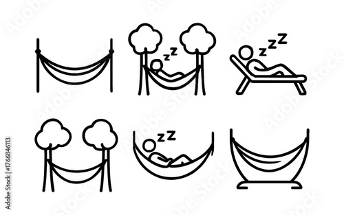 Minimalist icons of relaxation: hammocks and loungers in line art style