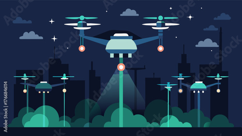 A nighttime illustration showing drones equipped with LED lights allowing for precision fertilization even in lowlight conditions.. Vector illustration