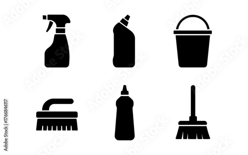 Set of black silhouette cleaning icons: spray, bottle, bucket, brush, mop