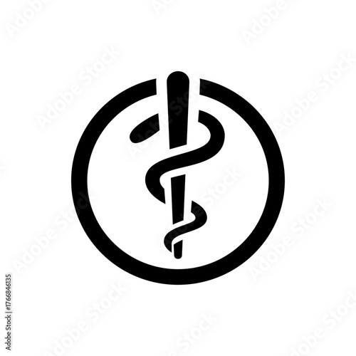 Black and white medical symbol featuring a snake entwined around a staff inside of a circular outline shape