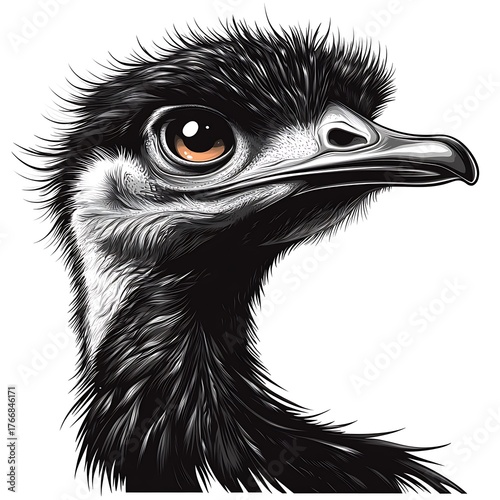Close up portrait of an emu bird head with detailed feathers and eye image photo