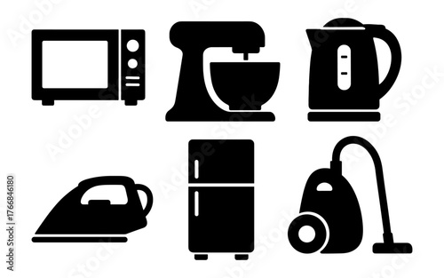 Set of household appliance icons in monochrome silhouette style