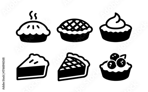 Delicious assorted black and white pie icons for bakery and dessert designs