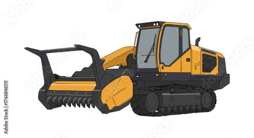 Yellow tracked mulcher machine for land clearing.