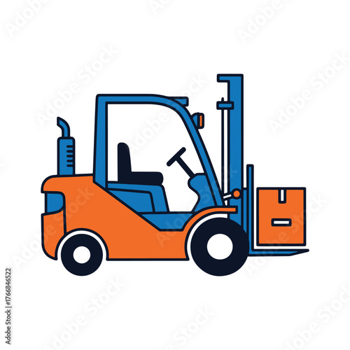 Orange and blue forklift truck lifting a cardboard box vector