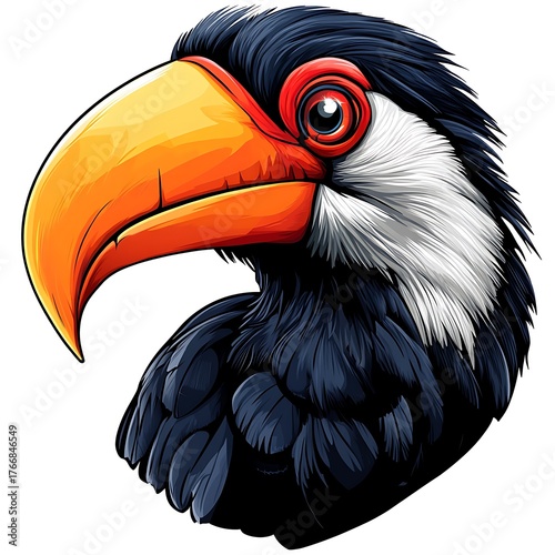 Close up profile of a toucan bird head with vibrant orange beak Keywords: toucan, bird, photo