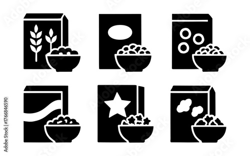 Silhouette cereal box collection: modern breakfast icons in black and white