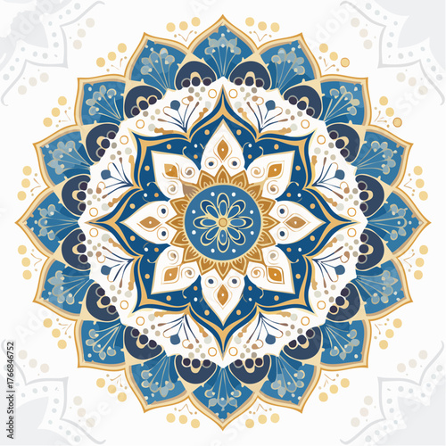 Ornamental mandala design decorative vector art in blue and gold colors