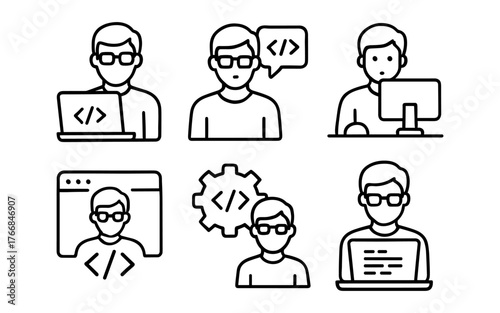 Programming and coding icons: outline style for web developers and designers