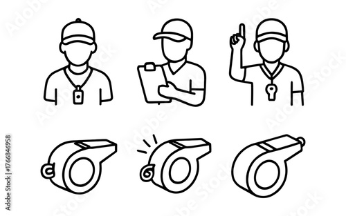 Sports referee icons: line art set featuring whistles and officials