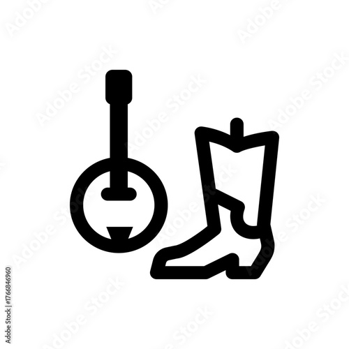 Illustration of a banjo with a circular body and a cowboy boot with a distinct heel and shaft design