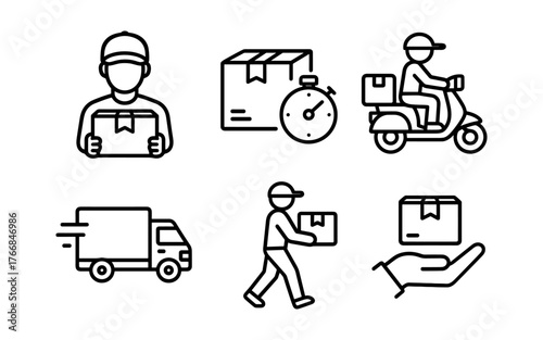 Line art icons of delivery services: courier, scooter, speed, package, logistics and shipping
