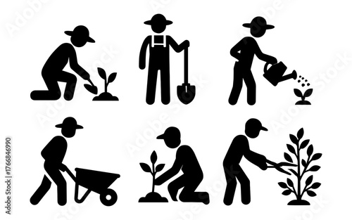 Gardening activities silhouette set: planting, watering, and cultivating in black icons