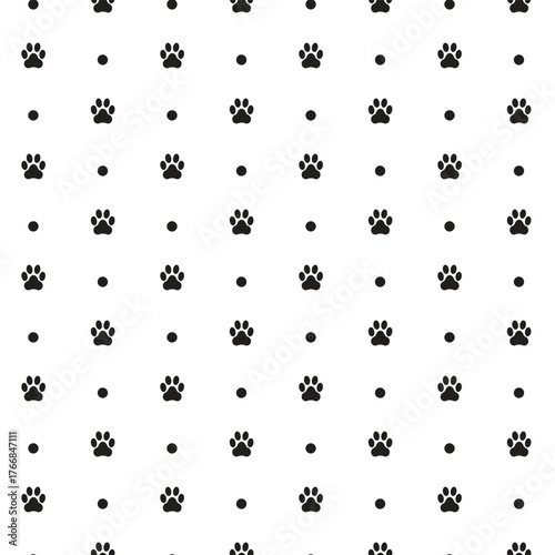 Cute Black Paw Prints and Dots Seamless Background