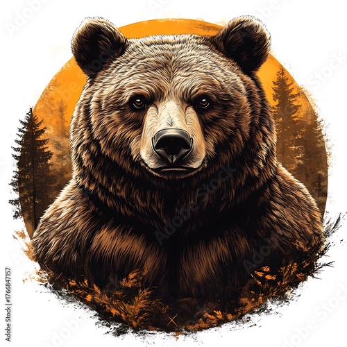 Close-up Grizzly Bear Face In Circular Forest Scene brown bear animal photo