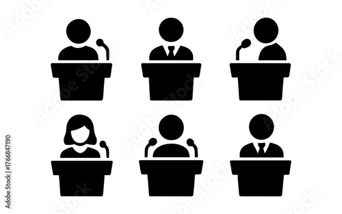 Silhouette icons of speakers at podiums for public speaking and presentation design