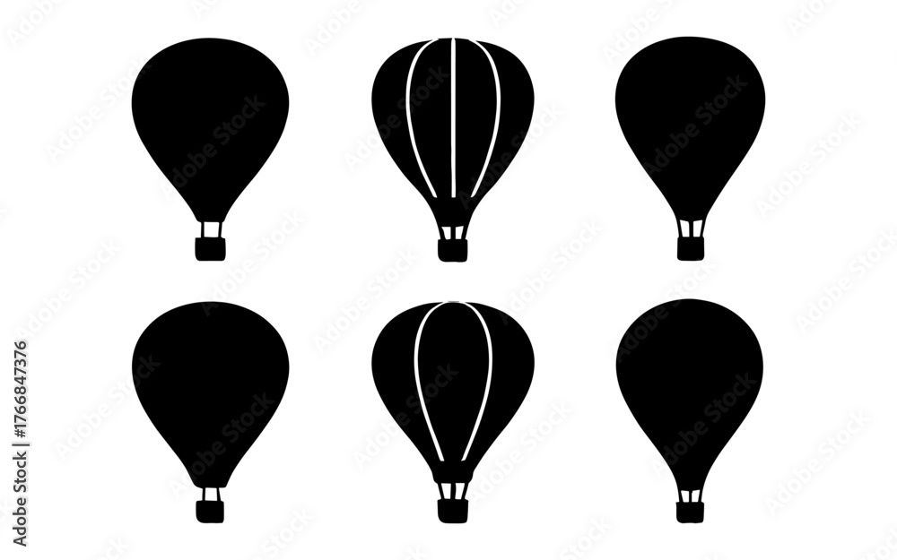 Naklejka premium Silhouette hot air balloon set featuring black shapes and patterns