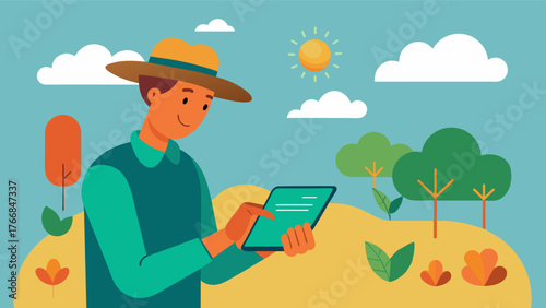 A farmer uses a tablet to overlay their soil nutrient map with weather data providing insights on how different weather patterns affect soil nutrient levels.. Vector illustration