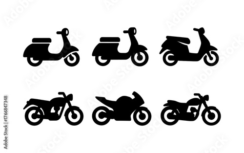 Silhouette set of scooters and motorcycles in various styles