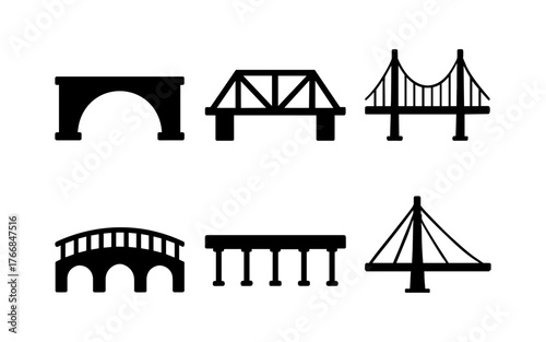 Collection of black bridge silhouettes on white background