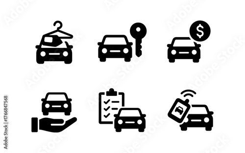 Car rental icons set with hanger, key, dollar sign, hand, checklist, and mobile app symbols in black silhouette style