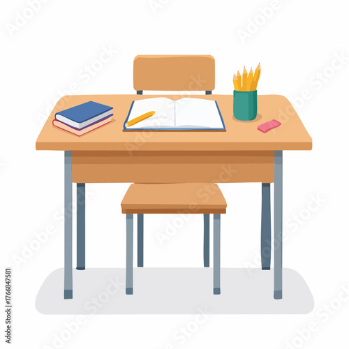 School desk illustration with books pencils eraser and open notebook