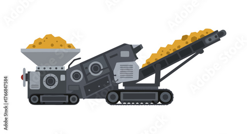 Industrial Conveyor Belt System Processing Material with Hopper and Tracks.