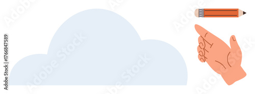 Hand pointing to a pencil beside a cloud, symbolizing creativity, imagination, and design. Ideal for innovation, education, collaboration, problem-solving, brainstorming productivity and simple