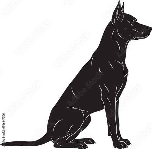 Silhouette of seated dog, black illustration, alert posture, muscular outline, pet design, animal icon, canine shape, obedience, loyalty, calm pose