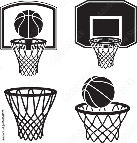  Basketball hoop, basketball and goal, net, ring icon silhouettes set   