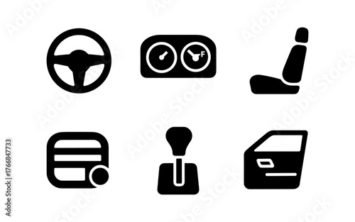Simple black silhouette of essential car interior icons set