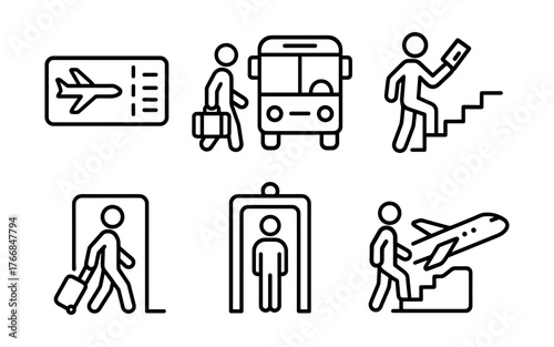 Travel icons: airports, transport, and security in simple outline icons style