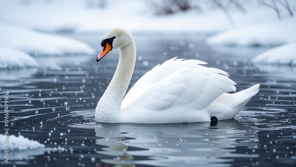 Fototapeta premium Elegant white swan gracefully swims in icy winter water with snow.