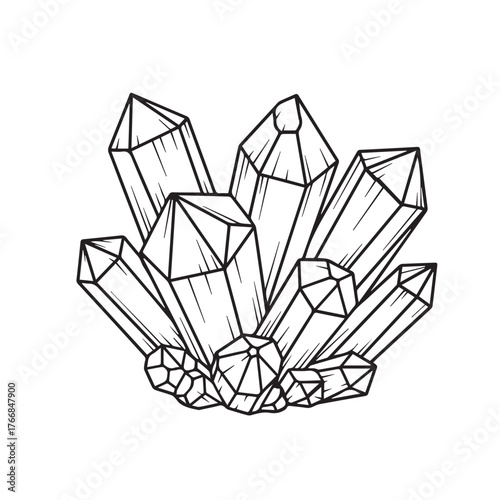 Hand-drawn illustration of a sparkling cluster of faceted crystals on a white background