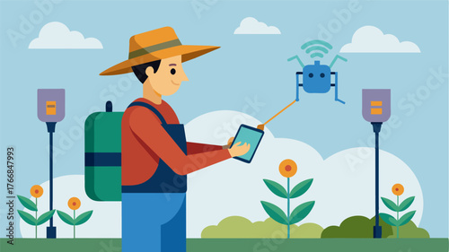 A farmer using a smart device to remotely activate a pesticide dispenser attached to an IoTbased pest targeting specific areas of infestation.. Vector illustration