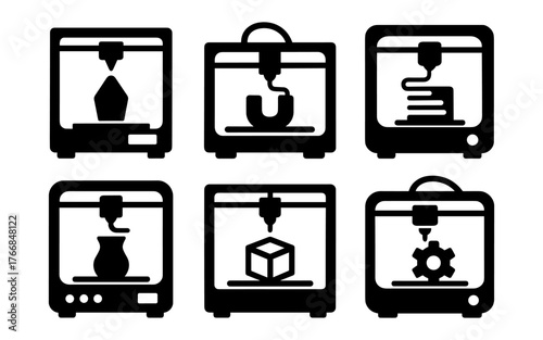 Silhouette 3d printer icons set highlighting modern additive manufacturing technology