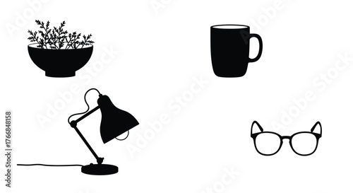 A simple black silhouette arrangement of plant mug lamp and glasses